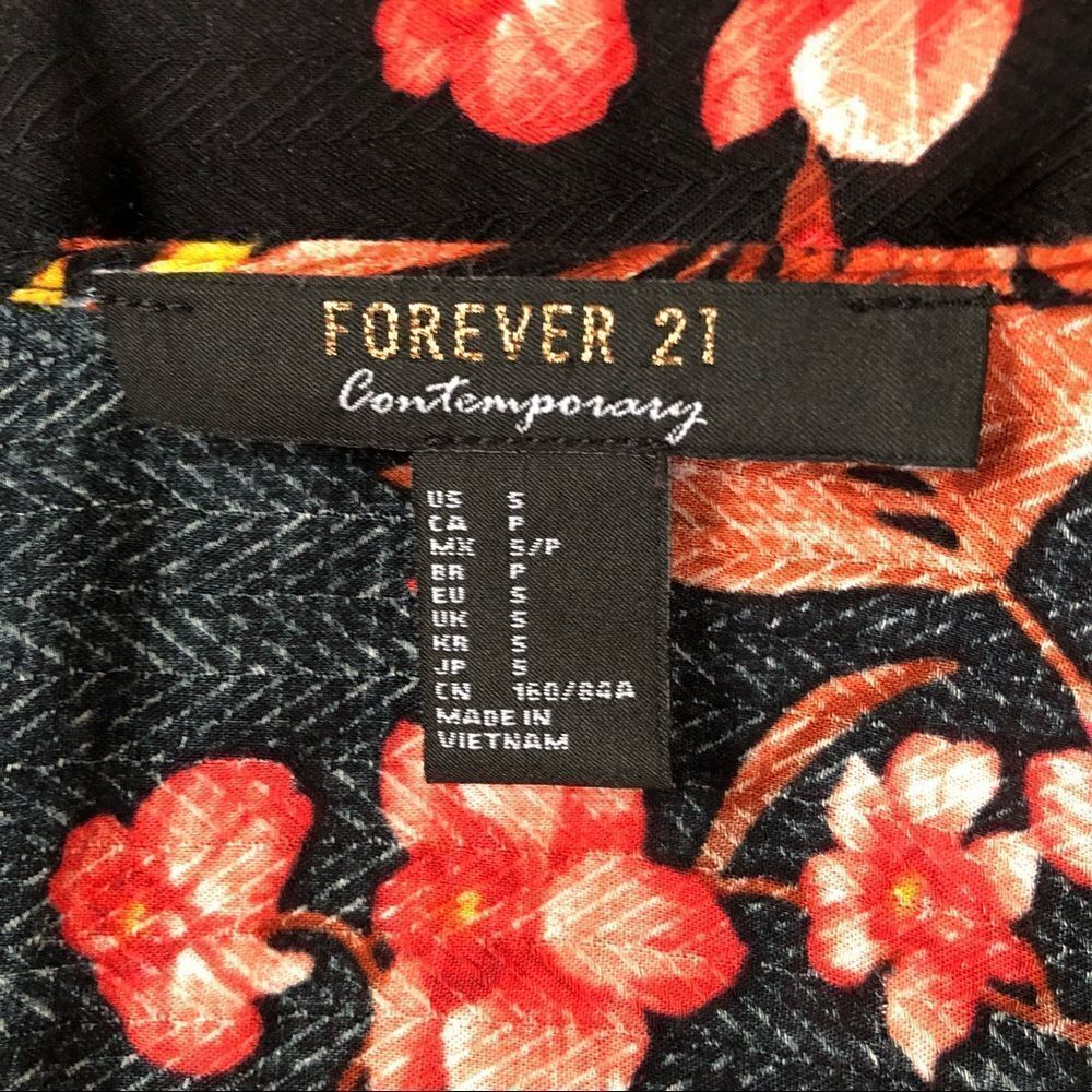 Forever 21 Black Tropical Bird Leaf Print Kimono Cover Up Size Small - Picture 4 of 5